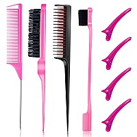 8 Pieces Hair Styling Comb Set Teasing Hair Brush Rat Tail Comb Edge Brush for Edge & Back Brushing, Combing, Slicking Hair for Women (Pink)