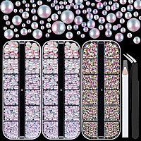 4000PCS Flatback Rhinestones and Half Round Pearls Kit #36, Multi Size Glass AB Crystals, Plastic Flat Back Pink Mermaid Dome Bead with Pickup Pencil and Tweezer for Nail Art