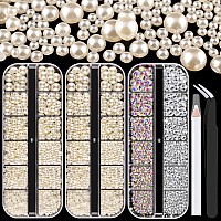 4000 PCS Half Round Pearls and Rhinestones, Flat Back Beige Half Pearls and Clear+AB Round Crystal Gem Kit with Tweezer and Pickup Pencil for Nail Art and DIY Decoration