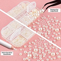 4000 PCS Half Round Pearls and Rhinestones, Flat Back Beige Half Pearls and Clear+AB Round Crystal Gem Kit with Tweezer and Pickup Pencil for Nail Art and DIY Decoration