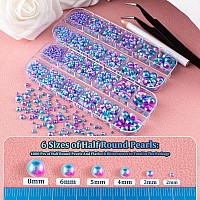 4000 PCS Half Round Pearls and Rhinestones, Flat Back Blue Mermaid Half Pearls and Clear Round Crystal Gem Kit with Tweezer and Pickup Pencil for Nail Art and DIY Decoration