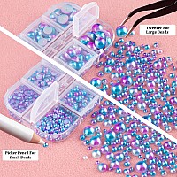 4000 PCS Half Round Pearls and Rhinestones, Flat Back Blue Mermaid Half Pearls and Clear Round Crystal Gem Kit with Tweezer and Pickup Pencil for Nail Art and DIY Decoration