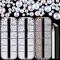 4000 Pcs Half Round Pearls And Rhinestones Flat Back White Ab Half Pearls And Clearab Round Crystal Gem Kit With Tweezer And P