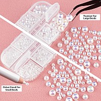 4000 Pcs Half Round Pearls And Rhinestones Flat Back White Ab Half Pearls And Clearab Round Crystal Gem Kit With Tweezer And P