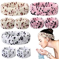 Chuangdi 9 Pcs Reusable Spa Headband Wrist Washband Face Wash Set Include 3 Microfiber Headband 6 Wrist Washband for Women Girls Avoid Liquid from Spilling Down Arms(Pink, Beige, White,Leopard Style)