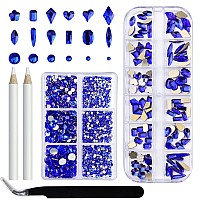 Yzzseven 2120 Nail Rhinestones crystals glass gems Stones 6 Sizes Round Beads,12 Shapes Flatback Rhinestone craft Diamonds Stones Bling Kit with Tweezers,Picking Pen for Nail Art Diy(05 Dark blue)