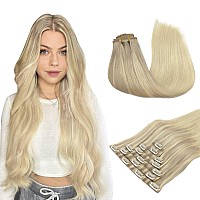 Hair Extensions Real Human Hair 110G 7Pcs Balayage Ash Blonde To Golden Blonde And Platinum Blonde 22 Inch Maxita Seamless Cli