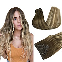 Clip In Hair Extensions Real Human Hair 7Pcs 110G Balayage Walnut Brown To Ash Brown And Bleach Blonde 16 Inch Seamless Hair E