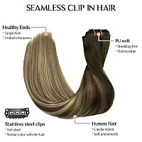 Clip In Hair Extensions Real Human Hair 7Pcs 110G Balayage Walnut Brown To Ash Brown And Bleach Blonde 16 Inch Seamless Hair E