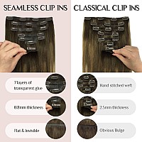 Clip In Hair Extensions Real Human Hair 7Pcs 110G Balayage Walnut Brown To Ash Brown And Bleach Blonde 16 Inch Seamless Hair E