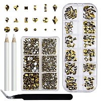 Yzzseven 2120 Nail Rhinestones crystals glass gems Stones 6 Sizes Round Beads,12 Shapes Flatback Rhinestone craft Diamonds Stones Bling Kit with Tweezers,Picking Pen for Nail Art Diy(09 Mine gold)