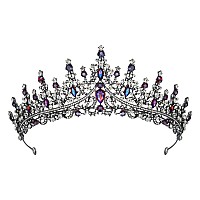 Sweetv Crystal Tiara Crown For Women Royal Queen Crown Headband Blue Iridescent Rhinestone Princess Hair Accessories Black Gr