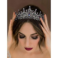 Sweetv Crystal Tiara Crown For Women Royal Queen Crown Headband Blue Iridescent Rhinestone Princess Hair Accessories Black Gr