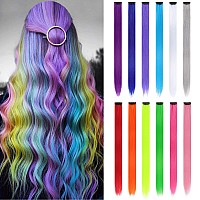 12 Pack Colored Hair Extensions Rainbow Hairpieces Party Highlights 22 Inches Colorful Clip in Hair Extensions Straight Synthetic Hairpieces for Women Kids Girls, (12 Colored)