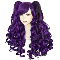 Anogol Hair Capdark Purple Wig Costumes For Women With 2 Curly Ponytail Wig Long Curly Wig For Cosplay Wig For Halloween Costum