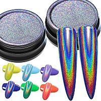 2 Jars Holographic Nail Powder Fine Rainbow Holo Mermaid Unicorn Mirror Laser Effect Multi Chrome Manicure Pigment Glitter Dust