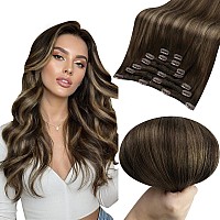 Full Shine Hair Extensions Clip In Human Hair 22 Inch Balayage Dark Brown To Light Brown Long Real Human Hair Clip In Extensions