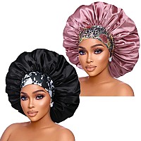 Silk Satin Bonnet Hair Cap 2Pcs 17Inch Diameter Extra Large Jumbo Sleeping Satin Bonnets With Comfortable Flower Band High De