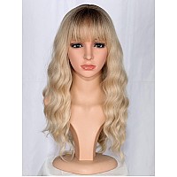 Symeiw Medium Long Blonde Wavy Wigs For Women Synthetic Full Hair Wigs With Bangs For Daily Use Blonde