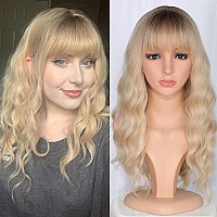 Symeiw Medium Long Blonde Wavy Wigs For Women Synthetic Full Hair Wigs With Bangs For Daily Use Blonde