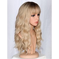 Symeiw Medium Long Blonde Wavy Wigs For Women Synthetic Full Hair Wigs With Bangs For Daily Use Blonde