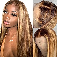 Highlight Ombre Lace Front Wig Human Hair Pre Plucked 13x4 HD Transparent 4/27 Honey Blonde lace frontal Wigs with Baby Hair 150% Density Colored Straight Lace Front wig Human Hair for Women 18Inch