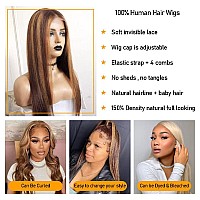 Highlight Ombre Lace Front Wig Human Hair Pre Plucked 13x4 HD Transparent 4/27 Honey Blonde lace frontal Wigs with Baby Hair 150% Density Colored Straight Lace Front wig Human Hair for Women 18Inch