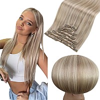 Full Shine 24 Inch Human Hair Clip In Hair Extensions Blonde Highlights 120G 7Pcs Ash Blonde With Platinum Blonde Remy Hair Clip