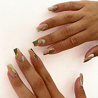 Qingge Green Press On Nails Long Glossy Coffin False Nails Swirl Fake Nails Nude Gold Stick On Nails With Design Full Cover Acry