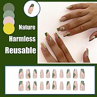 Qingge Green Press On Nails Long Glossy Coffin False Nails Swirl Fake Nails Nude Gold Stick On Nails With Design Full Cover Acry