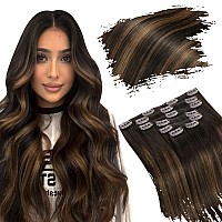 Ugeat Clip In Hair Extensions Real Human Hair 24 Inch Brown Balayage Human Hair Clip In Extensions Darkest Brown Mix Ash Brown C