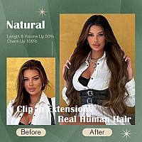 Ugeat Clip In Hair Extensions Real Human Hair 24 Inch Brown Balayage Human Hair Clip In Extensions Darkest Brown Mix Ash Brown C