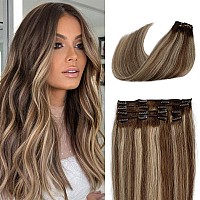 Real Human Hair Extensions clip ins, Licoville Straight Bleach Blonde Highlighted Ash Brown clip in Hair Extensions 20 Inch 70grams 7pcs Full Head Balayage Brown and Blonde clip in Extensions for Women