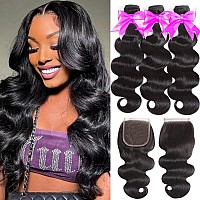 Human Hair Bundles With Closure 14 16 1812 Inch Body Wave 3 Bundles With Lace Closure 44 Free Part Brazilian Virgin Human H