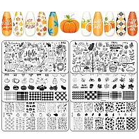 Whaline 6Pcs Fall Thanksgiving Theme Nail Art Stamping Plate Kit Various Pattern Pumpkin Maple Autumn Blessing Collection Nail A