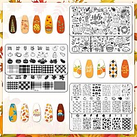 Whaline 6Pcs Fall Thanksgiving Theme Nail Art Stamping Plate Kit Various Pattern Pumpkin Maple Autumn Blessing Collection Nail A