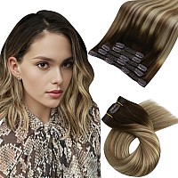 Moresoo Clip In Hair Extensions Real Human Hair Clip In Extensions Ombre Brown To Light Brown With Golden Blonde Balayage Hair E