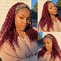 Eooma Headband Wig Curly Human Hair Wigs for Black Women 10A 180% Density Brazilian Kinky Curly #99J Burgundy Human Hair Headband Wigs Scarf No Gel Gluelees 22 Inch Remy Hair