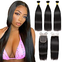 Straight 3 Bundles With Closure Human Hair 100 Unprocessed Brazilian Virgin Hair 14 16 1812 Weave Bundles Human Hair With 4X