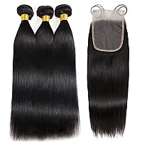 Straight 3 Bundles With Closure Human Hair 100 Unprocessed Brazilian Virgin Hair 14 16 1812 Weave Bundles Human Hair With 4X