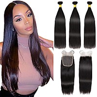 Straight Bundles Human Hair 16 18 2014 Bundles With Closure Human Hair 3 Bundles With Lace Closure 4X4 Free Part Brazilian Vi