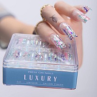 Mqpq Long Square Press On Nails With Rhinestones Luxury Rainbow Extra Fake Nails 24Pcs Glossy Full Cover False Nails For Women A