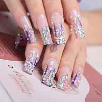 Mqpq Long Square Press On Nails With Rhinestones Luxury Rainbow Extra Fake Nails 24Pcs Glossy Full Cover False Nails For Women A