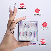 Mqpq Long Square Press On Nails With Rhinestones Luxury Rainbow Extra Fake Nails 24Pcs Glossy Full Cover False Nails For Women A