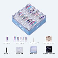 Mqpq Long Square Press On Nails With Rhinestones Luxury Rainbow Extra Fake Nails 24Pcs Glossy Full Cover False Nails For Women A