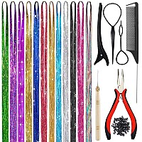 Hair Tinsel Kit With Tool 3200 Strands Tinsel Hair Extensions 12 Colors Fairy Hair Tinsel Sparkling Shiny Hair Tinsel Heat Resi