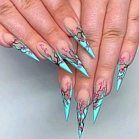 VOTACOS Press on Nails Long Stiletto Fake Nails Baby Blue False Nails with Sakura Design Matte Full Cover Stick on Nails for Women