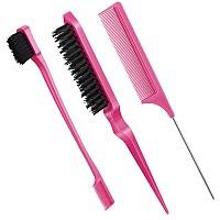 Geiserailie 3 Pcs Slick Back Hair Brush Set Bristle Hair Brush Edge Control Brush Teasing Comb For Women Baby Kids Black Hairr