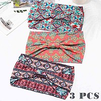 Aceorna Boho Headbands Wide Knotted Hairbands Stretch Printed Head Bands Bohemia Head Wraps For Women 3 Pcs Set B