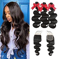 10A Brazilian Body Wave Bundles With Closure Human Hair 16 18 20 With 14 Inch Human Hair Bundles With Closure Body Wave 100 Unp